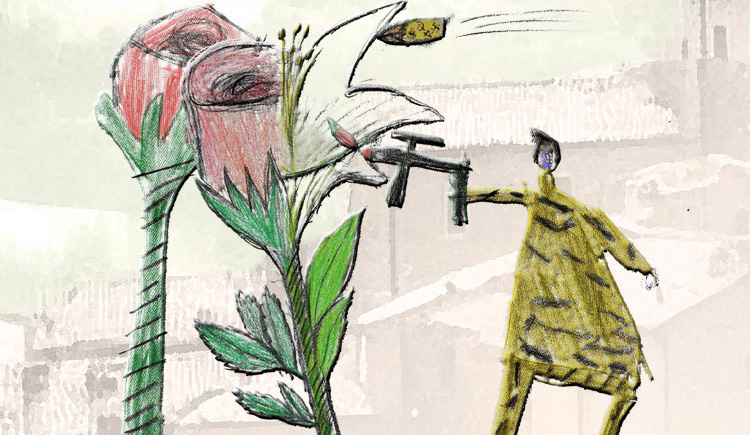 Dettaglio della copertina: il disegno a pastello di una rosa e di un soldato